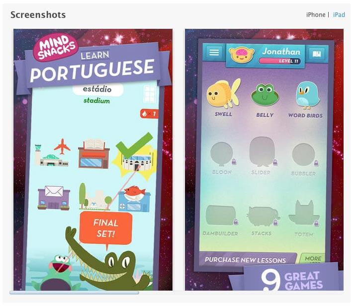 Mind Snacks, Learning Portuguese with games, games to learn Portuguese, Portuguese game for iPad, Portuguese game for iPhone